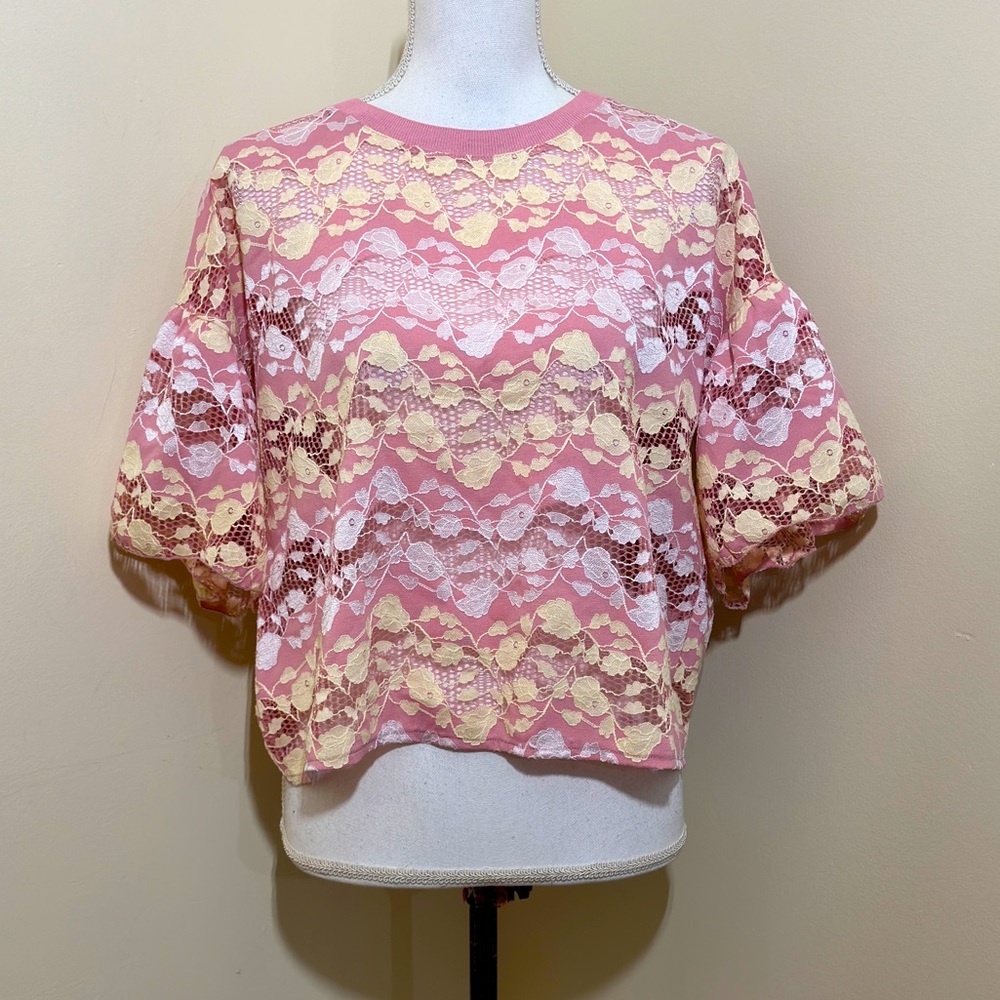 ZARA Lace Floral Crop Blouse Pink White Women Medium Boho Feminine Top - Picture 2 of 7